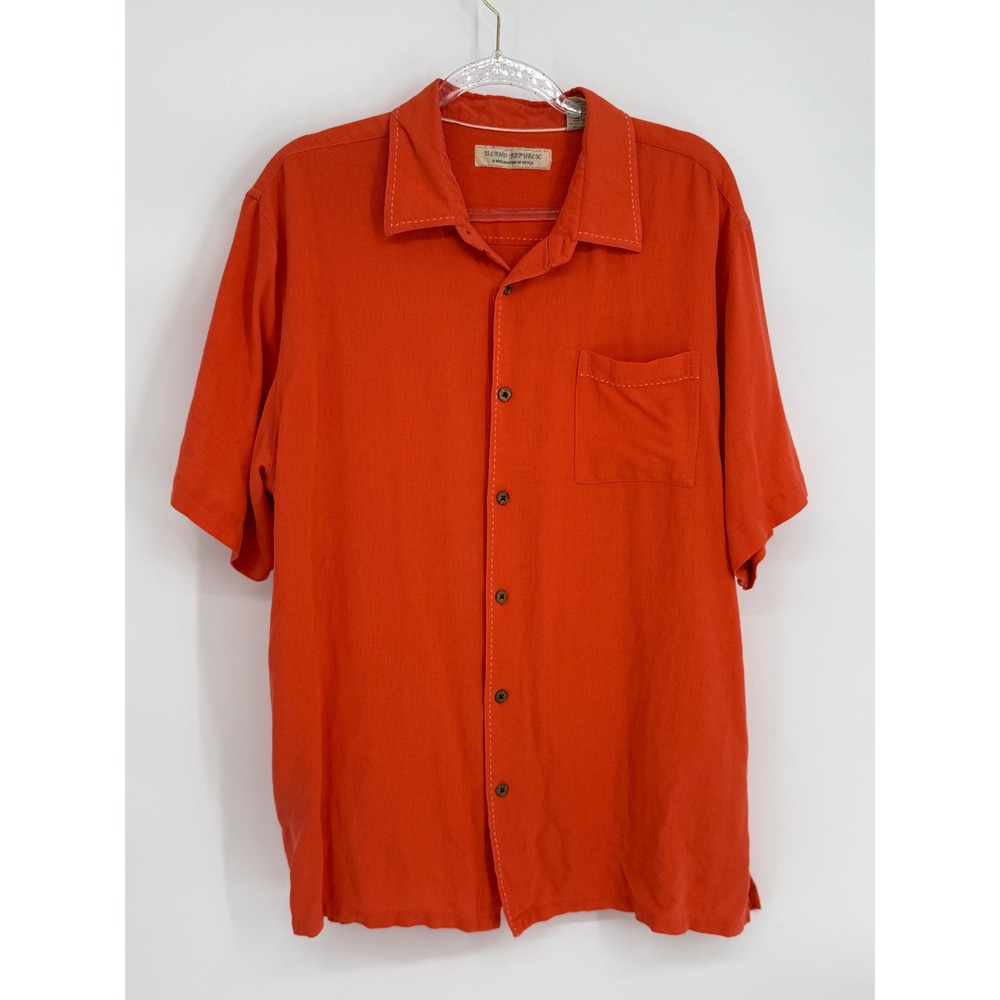 Island Republic Mens Sz XXL Orange 100% Silk Short Sleeve Button Down Camp Shirt